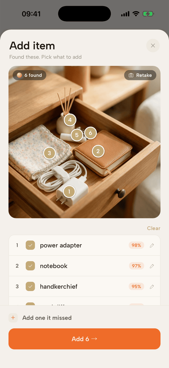Identify with AI: one photo of an open drawer, six objects found and named with confidence scores