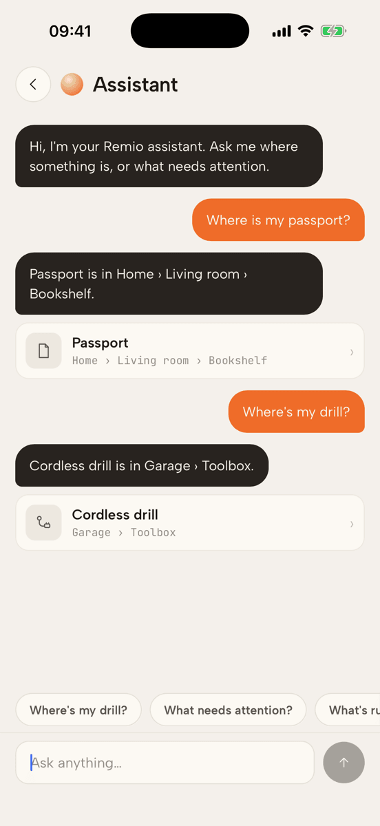 The Remio assistant answering where a passport and a cordless drill are kept