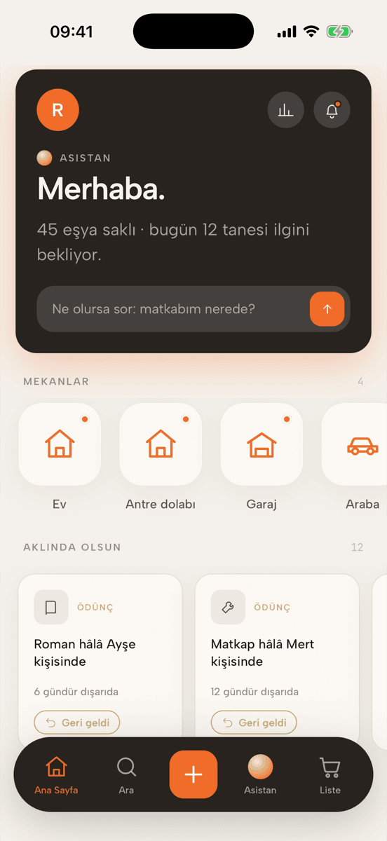 Remio ana ekranı: asistan selamı, dört yer ve ödünç verilenler için hatırlatmalar