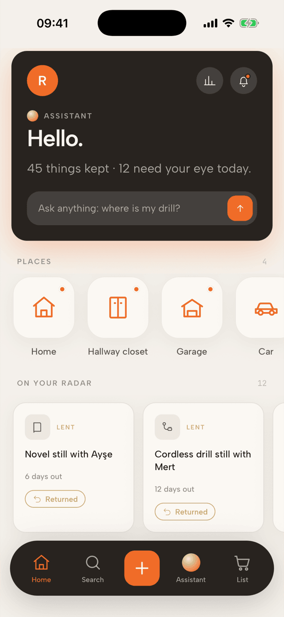 Remio home screen: assistant greeting, four places, and reminders for things lent out