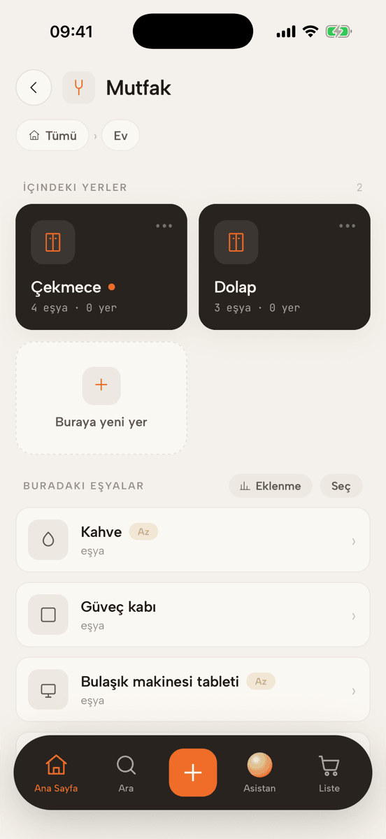 Mutfağın içi: iki yer ve burada duran eşyalar, azalanlar rozetli