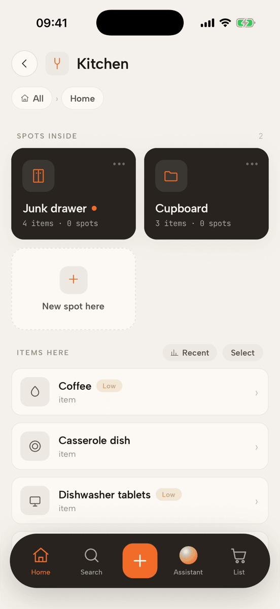 Inside the Kitchen: two spots and the items kept there, with low-stock badges