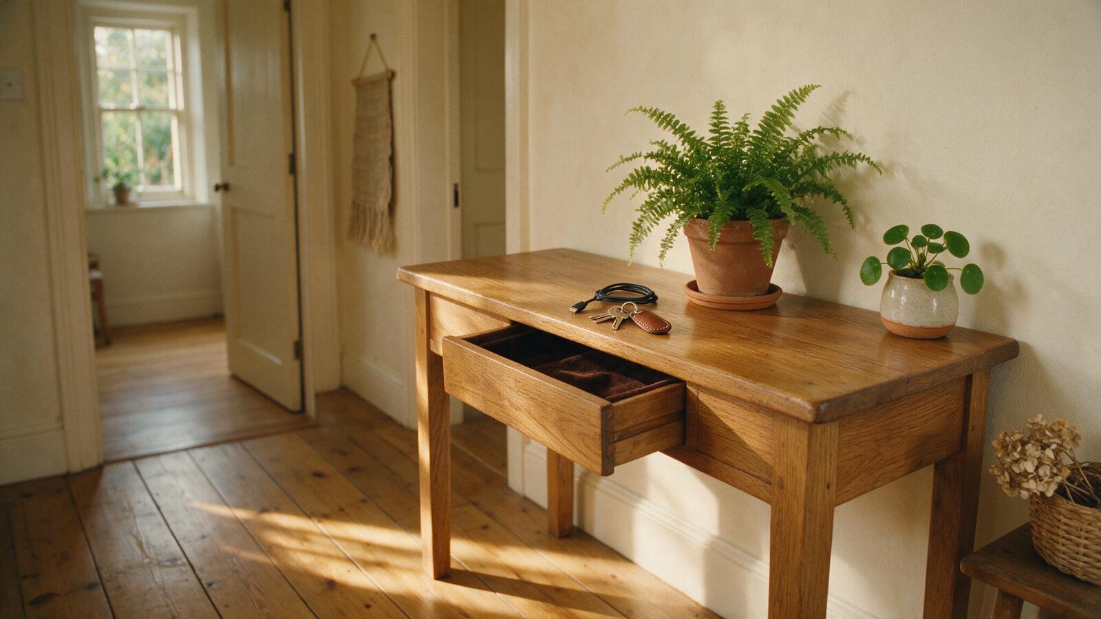 A sunlit hallway console table with an open drawer holding keys