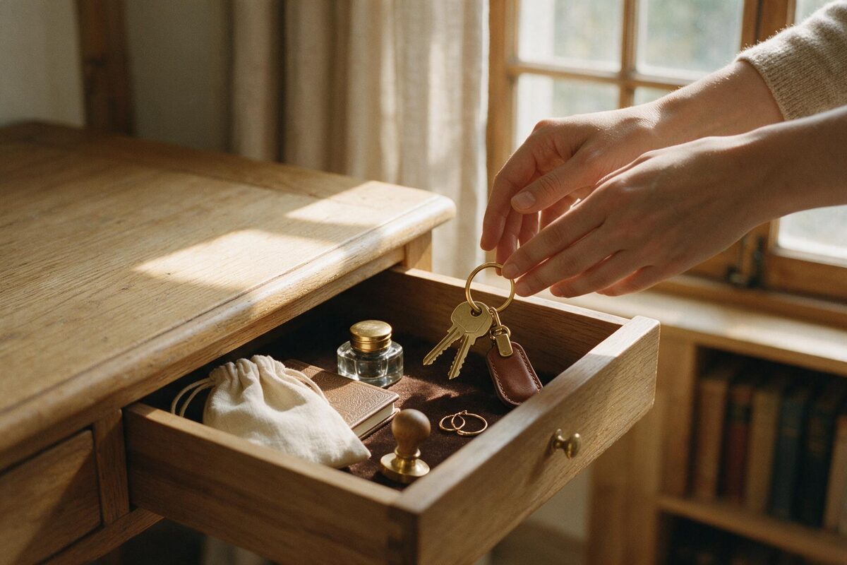 Hands placing keys into a drawer, warm afternoon light